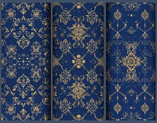 Three navy blue panels with gold floral patterns