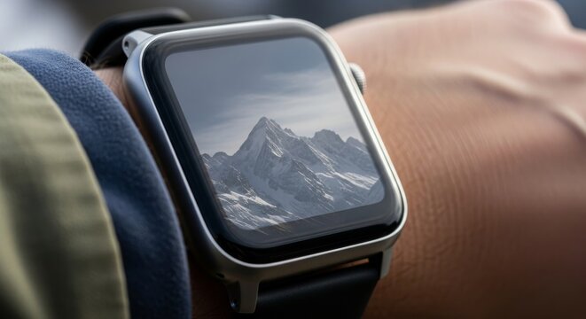 Smart Watch Displaying Mountain Landscape Technology Lifestyle Concept