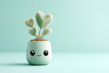 Cute potted plant with sparkling eyes and heart-shaped leaves, symbolizing growth, resilience, and emotional healing. Minimal pastel background with copy space.