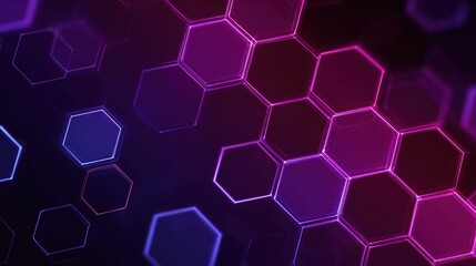 Glowing hexagonal pattern drifts on a dark background, with color gradient of purple and blue hues