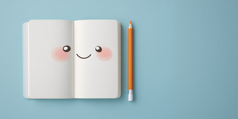 A cute open notebook with a smiling face and friendly pencil, symbolizing journaling, therapy, and positive reflection. Minimal clean pastel background with space for marketing text.