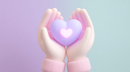 Cute hands holding glowing heart on pastel background with copy space