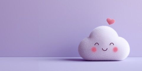 Cute fluffy cloud with rosy cheeks and a heart floating above, symbolizing optimism, mental health positivity, and emotional support. Minimal clean pastel background with space for text.