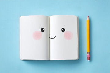 Cute smiling notebook and pencil on pastel blue background with copy space