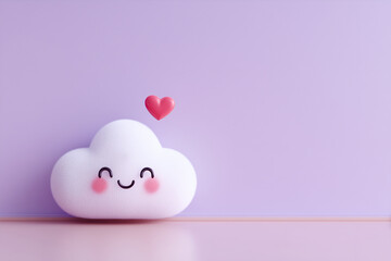 Cute happy cloud with heart above head on pastel lavender background with copy space