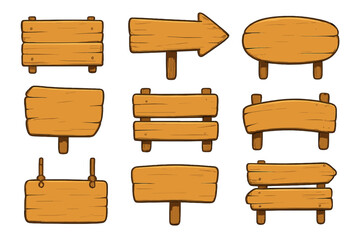 Cartoon wooden signboards collection, rustic wooden signs set, vector illustration with transparent background, hand-drawn wood texture, directional and decorative planks, vintage style