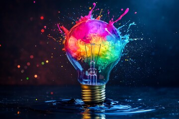 Creative Light Bulb Exploding With Colorful Liquid Splashes on Dark Surface and Bokeh Background