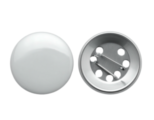 Two views of a blank, round, white pinback button