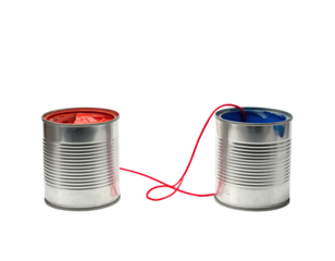 Two tin cans connected by a red string