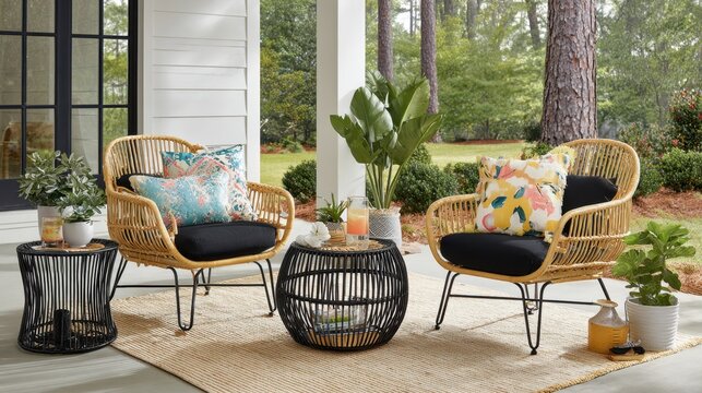 Sunny afternoon patio featuring vibrant cushions on rattan chairs set against a gently blurred garden backdrop emphasizing a relaxed outdoor living vibe.