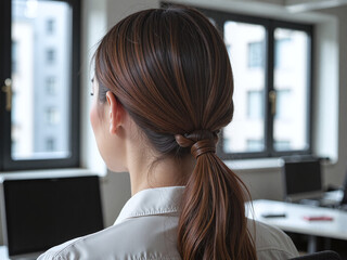 Back close-up of sleek low braided ponytail, office background,The low braided ponytail shows professionalism and refined style.