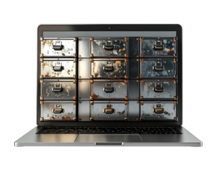 Laptop displaying a digital representation of an old, rusty filing cabinet
