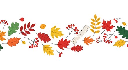 Autumn leaf border with berries and birch branch