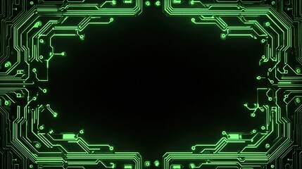 A Glowing Green Electronic Circuit Board Frame Surrounding a Dark Blank Space