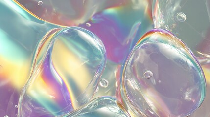 Close-up of translucent, amorphous shapes with iridescent reflections, floating within a vibrant scene