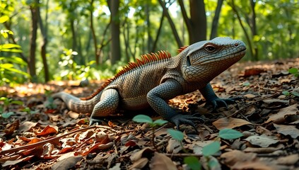 Bengal monitor lizard crawling on forest floor, detailed scales, natural light