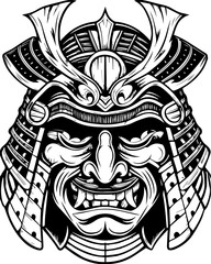 SVG skull tattoo design in a Halloween dark warrior style. Traditional Samurai Warrior Helmet with Fierce Expression Artwork