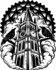 SVG skull tattoo design in a Halloween dark warrior style. Vintage Style Clock Tower Illustration with Ravens and Gears Design