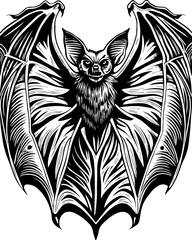 SVG skull tattoo design in a Halloween dark warrior style. Intricate Black and White Bat Illustration with Detailed Wings