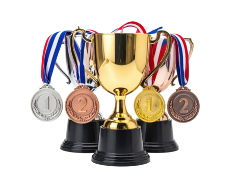 Gold, silver, and bronze trophies and medals