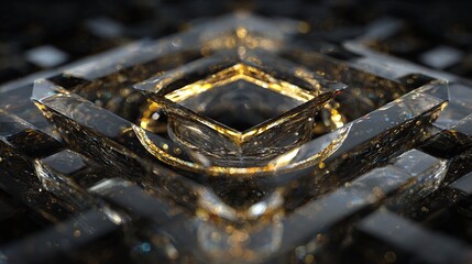 A glittering, geometric, crystalline structure of diamond shapes with gold accents, depth of field effect