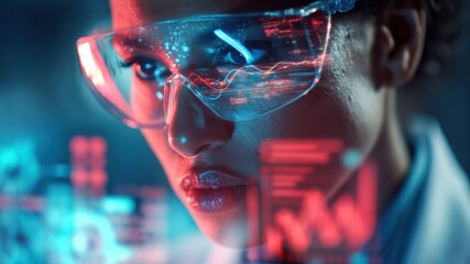 Cybersecurity in age of 5g shown by focused woman with digital data overlay and futuristic technology interface