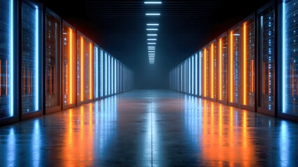 Cybersecurity in age of 5g shown by futuristic data center with glowing server racks and advanced network technology lighting