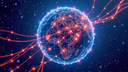 Obraz premium Cybersecurity in age of 5G illustrated by glowing digital globe with network connections and data flow across continents