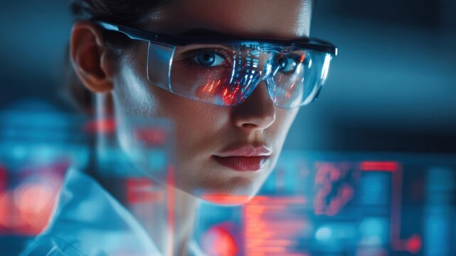 Cybersecurity in age of 5G is evolving rapidly as focused woman in safety glasses analyzes digital data in high tech environment - Powered by Adobe