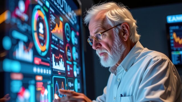 Cybersecurity in age of 5G is crucial as senior man analyzes digital data on futuristic screen with intense focus and innovation