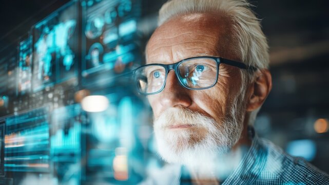 Cybersecurity in age of 5g shown by senior man with glasses analyzing digital data on futuristic screens in modern office