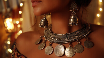 Close-up of traditional silver jewelry and necklace worn by Indian woman during Rann Utsav Festival in Gujarat India, cultural heritage celebration showcasing ethnic attire and craftsmanship
