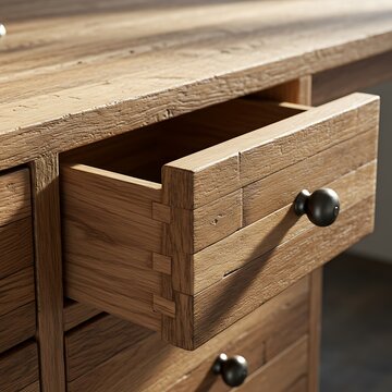 Rustic Charm: Close-up of a Wooden Dresser Drawer with Dovetail Joints and Knob Details