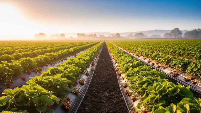 Medium shot of a wellorganized strawberry field showcasing parallel row layout to maximize sunlight and airflow for optimal plant growth.