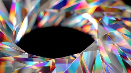 Close-up view of a central black void framed by radiant, faceted crystal-like forms displaying a spectrum