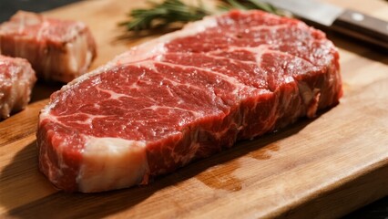 Fototapeta premium Raw ribeye steak on a wooden cutting board with rosemary and knife nearby