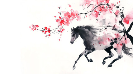 Black galloping horse and pink sakura flowers. Traditional Chinese ink painting on white background. Year of the horse, symbol of the 2026 year.