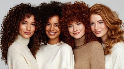 Fototapeta premium Four women with vibrant hair colors sharing smiles in a casual indoor setting