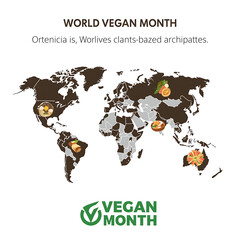 Naklejka premium A world map illustrates vegan food dishes around the globe to promote plant-based eating during World Vegan Month.