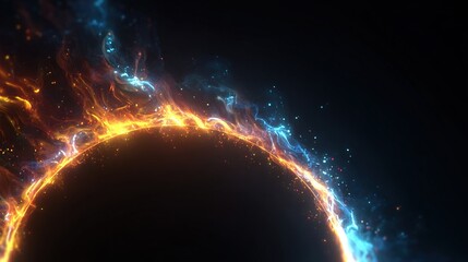 Glowing orb surrounded by fiery and icy plasma trails, on a dark background