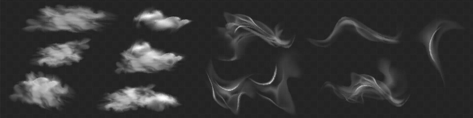 Set chimney smoke, fog wave or cloud pattern with overlay effect. Cloud art or smoky air illustration.