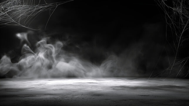 Spooky halloween background with fog and spiderwebs for product showcase or presentation
