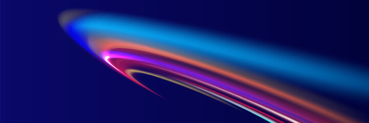 Neon line as speed or arc, turn, twist, bend in light effect. Light arc in neon colors, in the form of a turn and a zigzag. Abstract background in blue