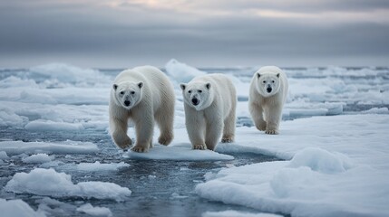 Three majestic white bears stroll across melting ice floes under a cloudy, overcast sky