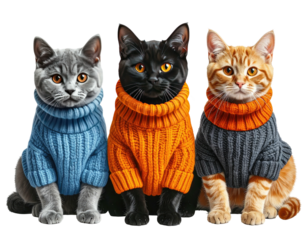 Three kittens in sweaters against a black background