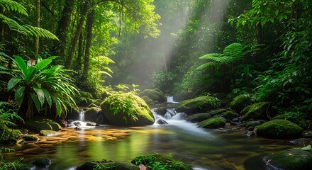 Obraz premium Lush tropical rainforest with a clear stream and sunbeams illuminating the canopy