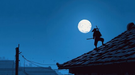 Samurai silhouette atop a roof under full moon, cool tones, oriental backdrop