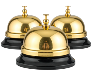 Three polished gold bells with black bases