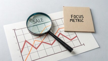 Analysis of Sales Metrics with Magnifying Glass and Graph on Table Focused on Sale Trends and Key Performance Indicators