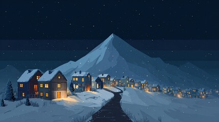 Snowy village sits beneath a mountain at night, illuminated by interior light
